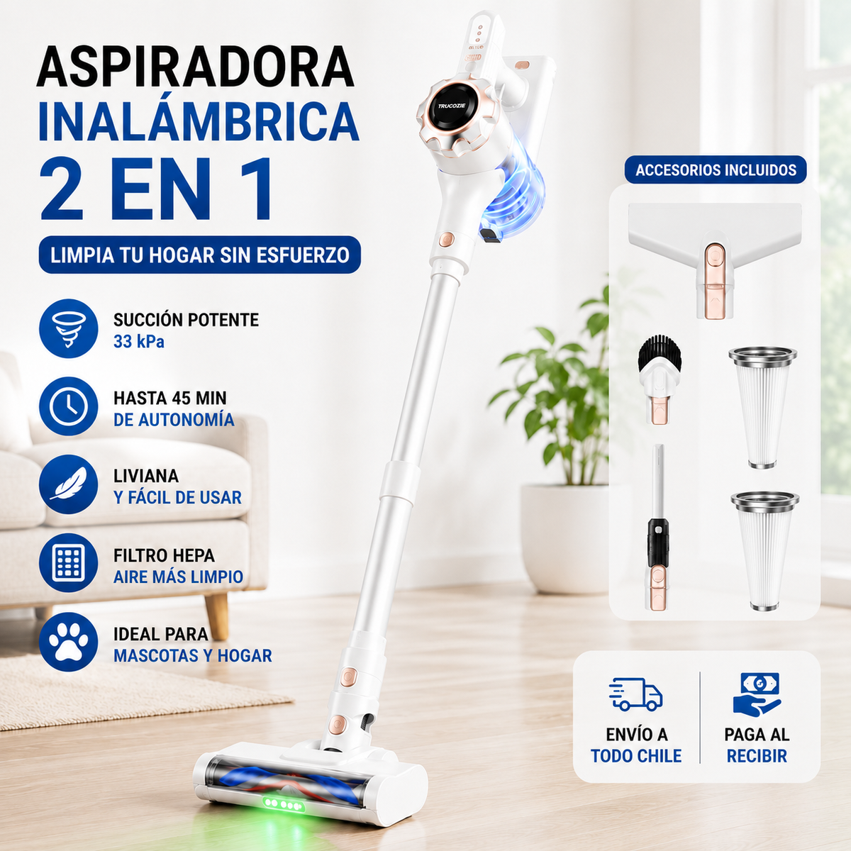 Aspiradora Inalámbrica 2 en 1 Blanca (Superligera y Portátil)